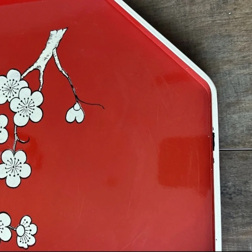 Vintage 1979 M. Kamenstein Red Cream Cherry Blossom Asian Octagonal Serving Tray